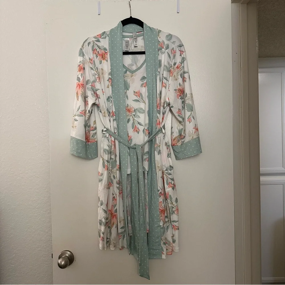Flora Nikrooz Floral & Polka Dot 2-Piece Pajama Set Robe & Tank
